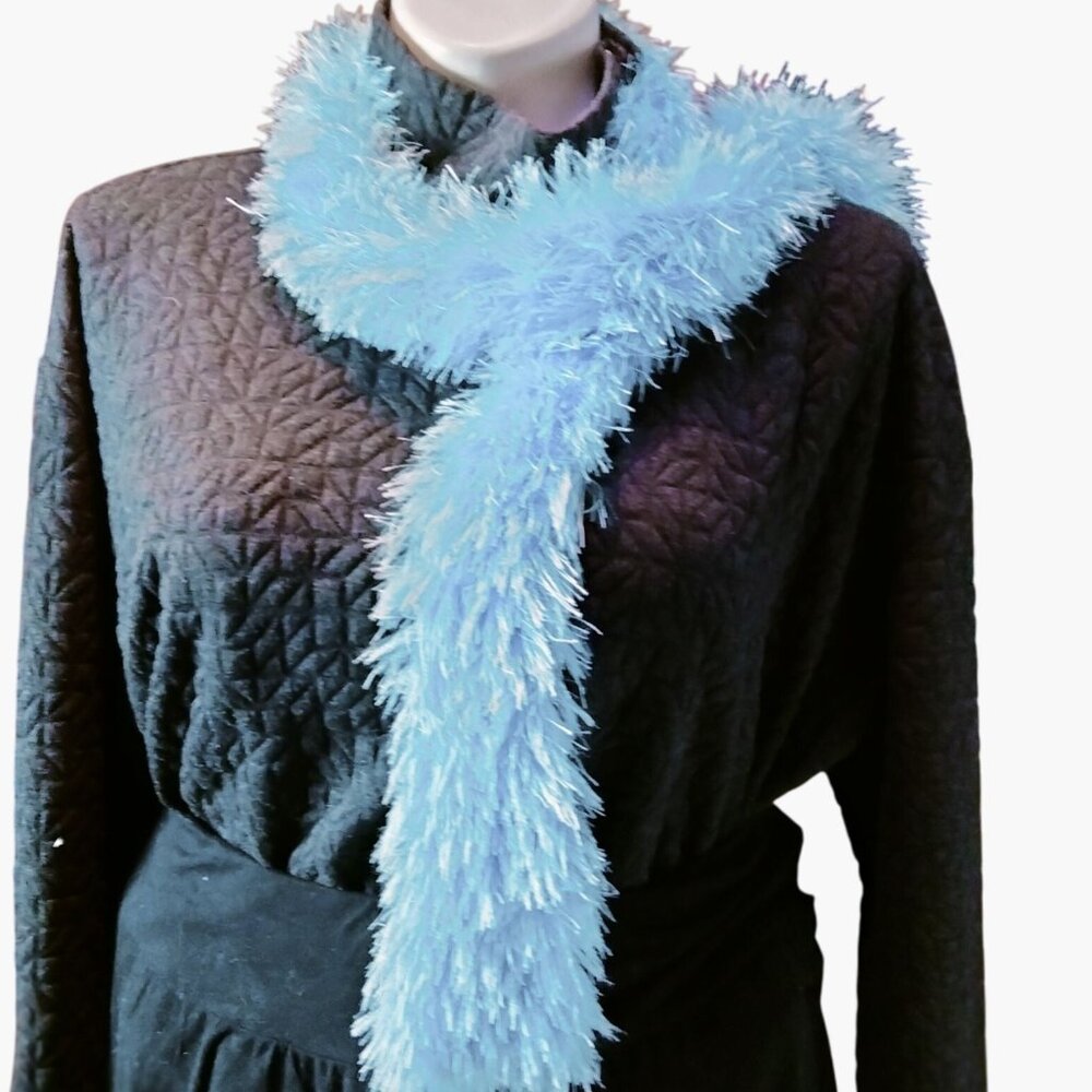 Light Blue Fluffy Knit Scarf Winter Accessory Cozy Soft Plush Handknit Boho